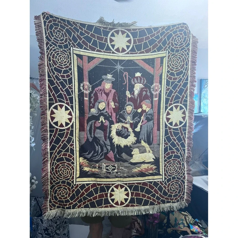 Crown Crafts Nativity Scene Woven Tapestry Throw Blanket Christmas Fringed 45x59